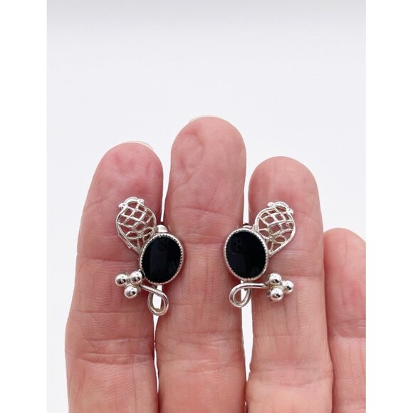 VTG Star-Art Sterling Silver Black Onyx Earrings Screw-Back Mid Century Modern - Picture 2 of 8